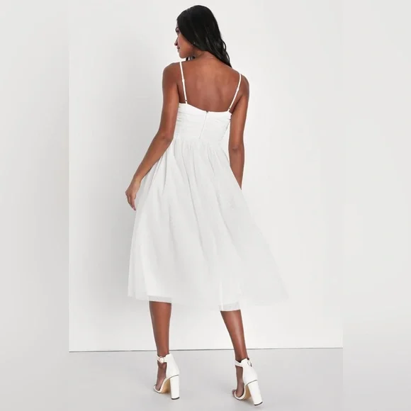 Lulus-Darling Sweetheart White Swiss Dot Ruched Midi Dress - Picture 4 of 5